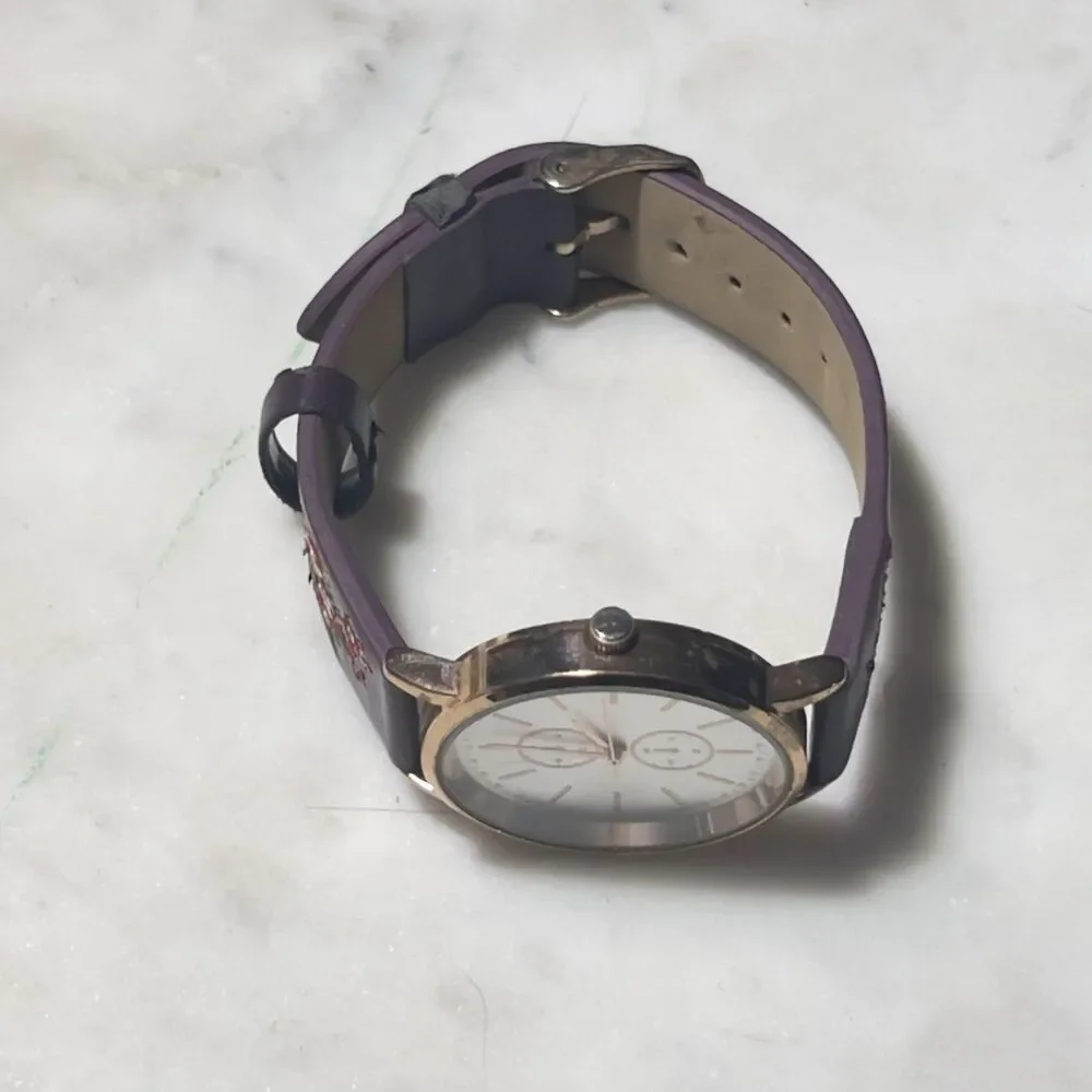 Rose Gold Quartz Women’s Watch Burgundy Floral Band 2 Sub-dials New Battery